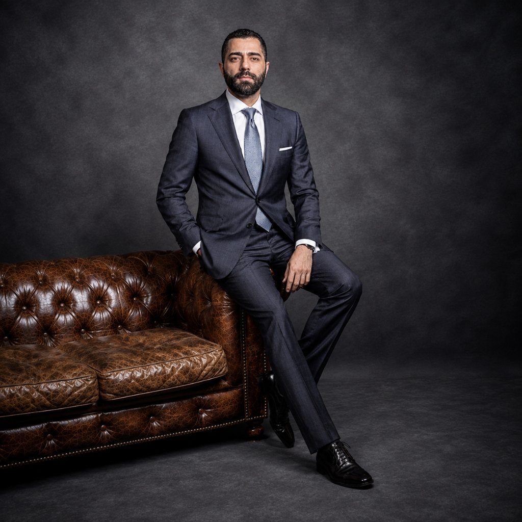 Douglas Cavalheiro em retrato profissional sentado em sofá de couro