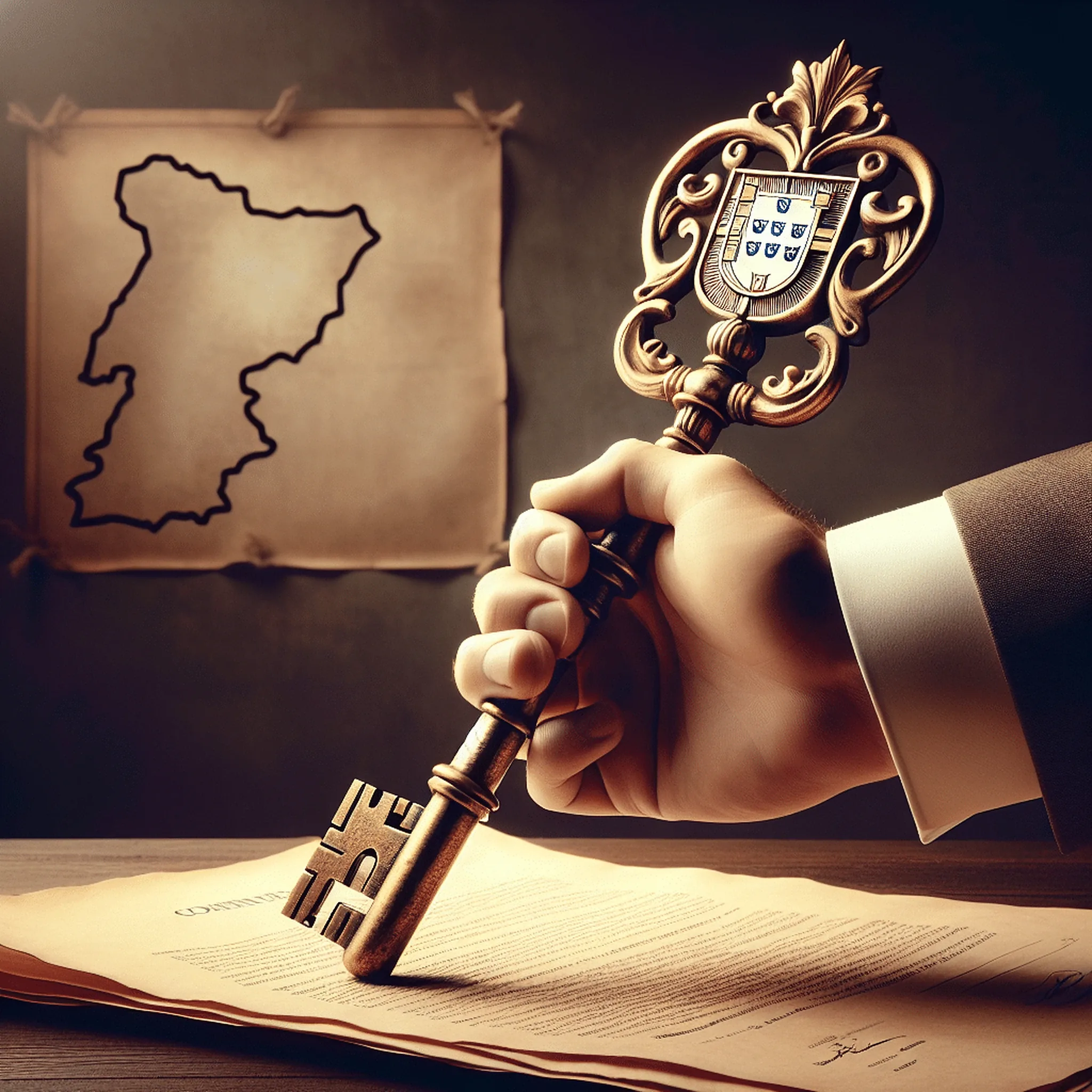 Uma mão segura uma chave grande e ornamentada, com a cabeça da chave tendo a forma de um distintivo de profissão ou um selo. A chave está inserida em um buraco de fechadura que tem o formato de um mapa de Portugal ou de um símbolo de reconhecimento oficial. Ao fundo, uma placa com texto borrado que sugere documentos ou regulamentos. A ideia é que a \'chave\' é o reconhecimento pela autoridade competente. Estilo dramático, com um bom uso de luz e so Photography: Commercial. Resolution: 720p (1280x720).
